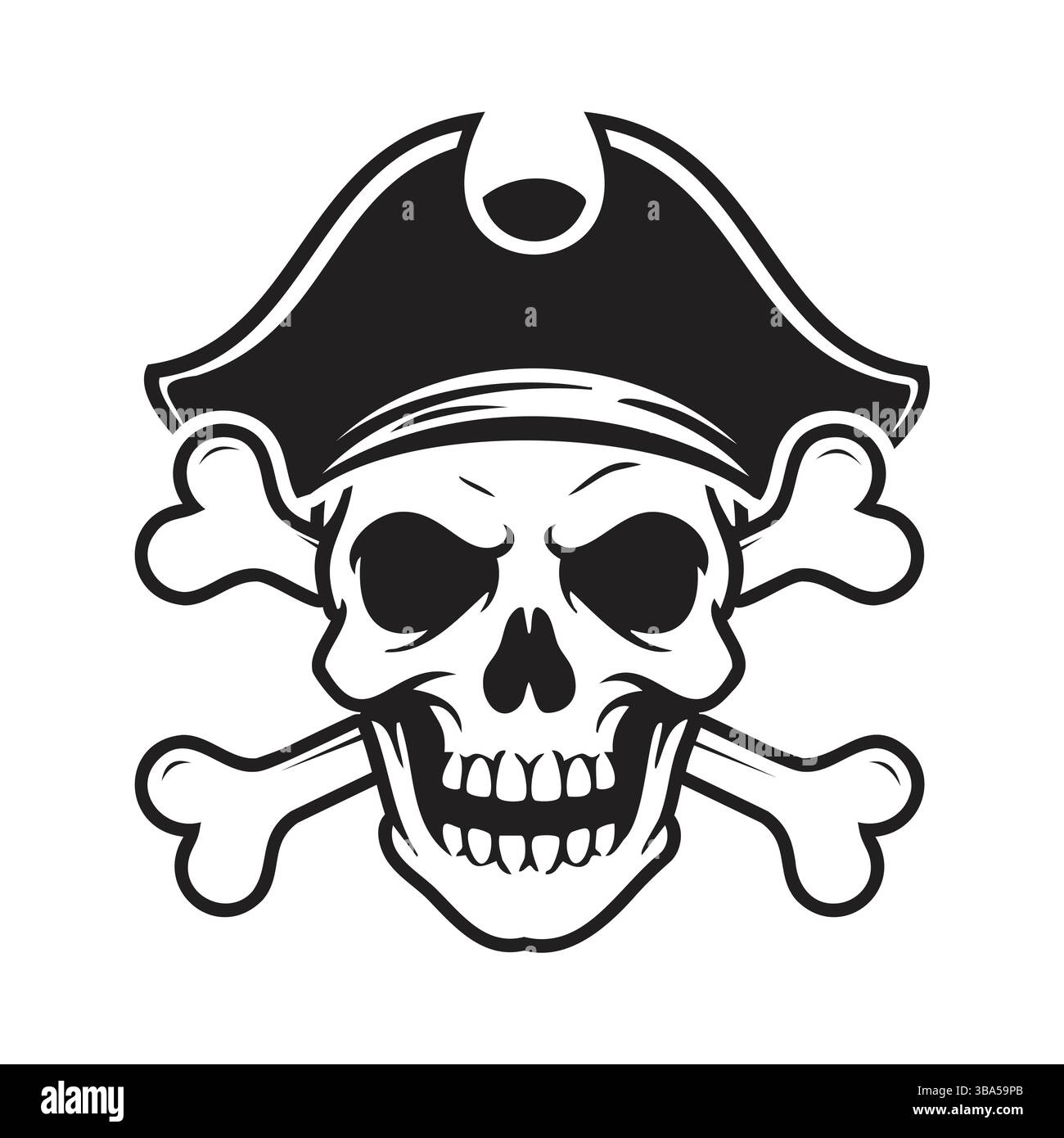 Design stilizzato del cranio con cappello da pirata e ossa incrociate, ideale per un emblema OR. Illustrazione Vettoriale