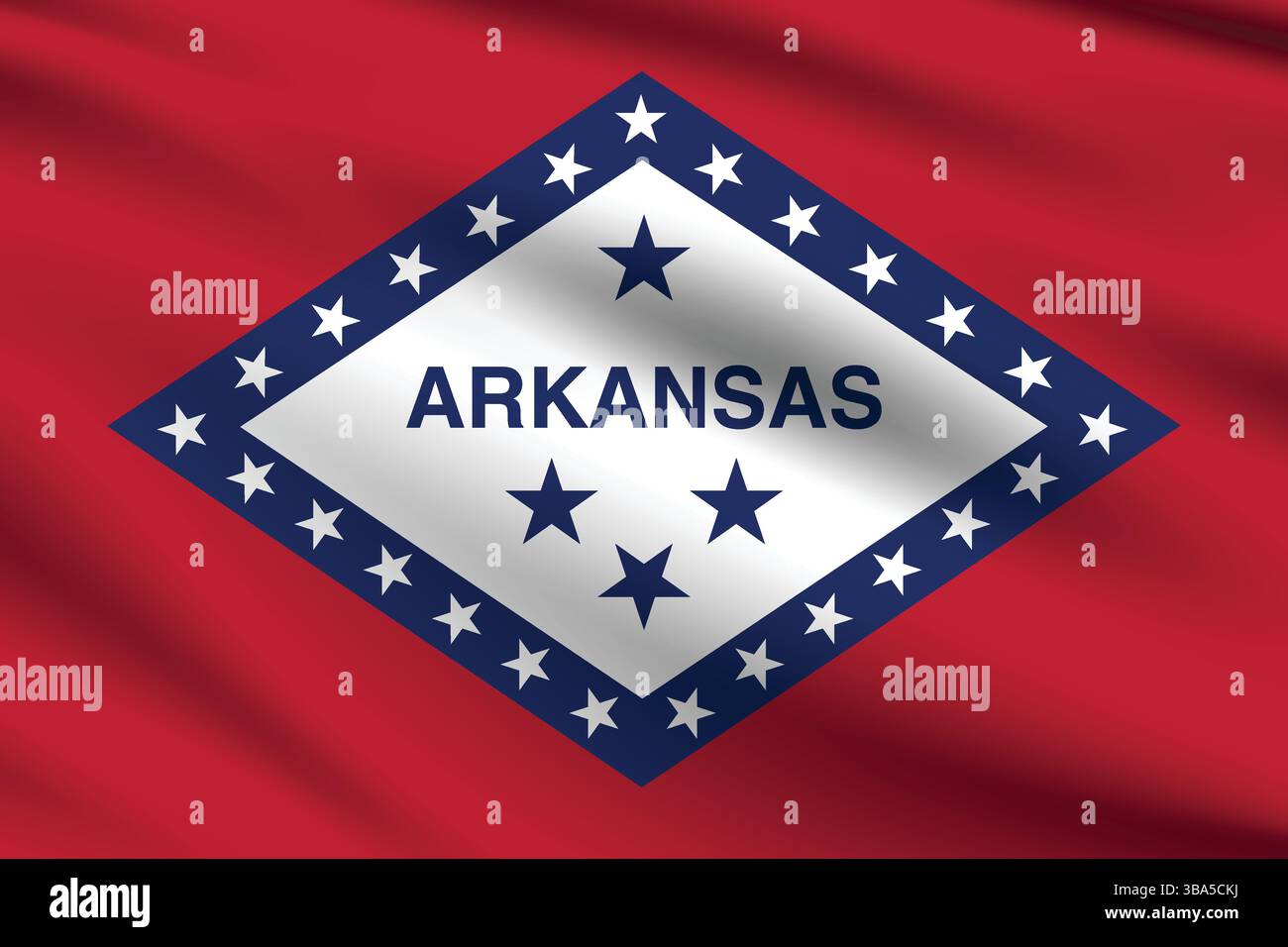 Bandiera dell'Arkansas. Illustrazione vettoriale digitale con proporzioni e colori ufficiali della bandiera dell'Arkansas. Bandiera ondulata. Bandiera a pieghe. Illustrazione Vettoriale