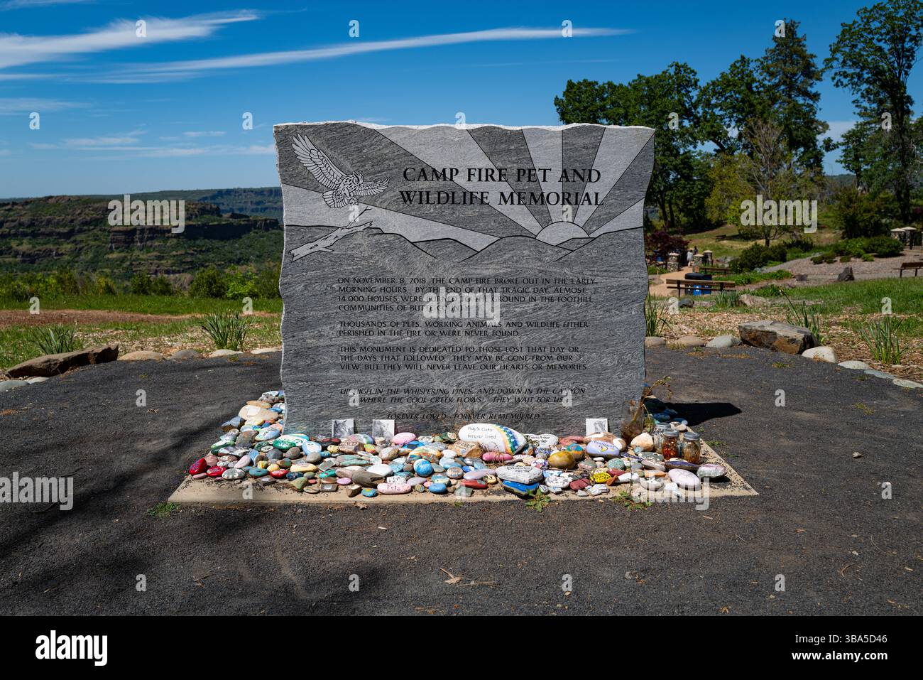 Il simbolo del Camp Fire PET and Wildlife Memorial a Bille Park. Tra il 6.000 e il 12.000 gli animali domestici sono stati persi nel disastro, che ha anche causato la morte di 85 persone. Foto Stock