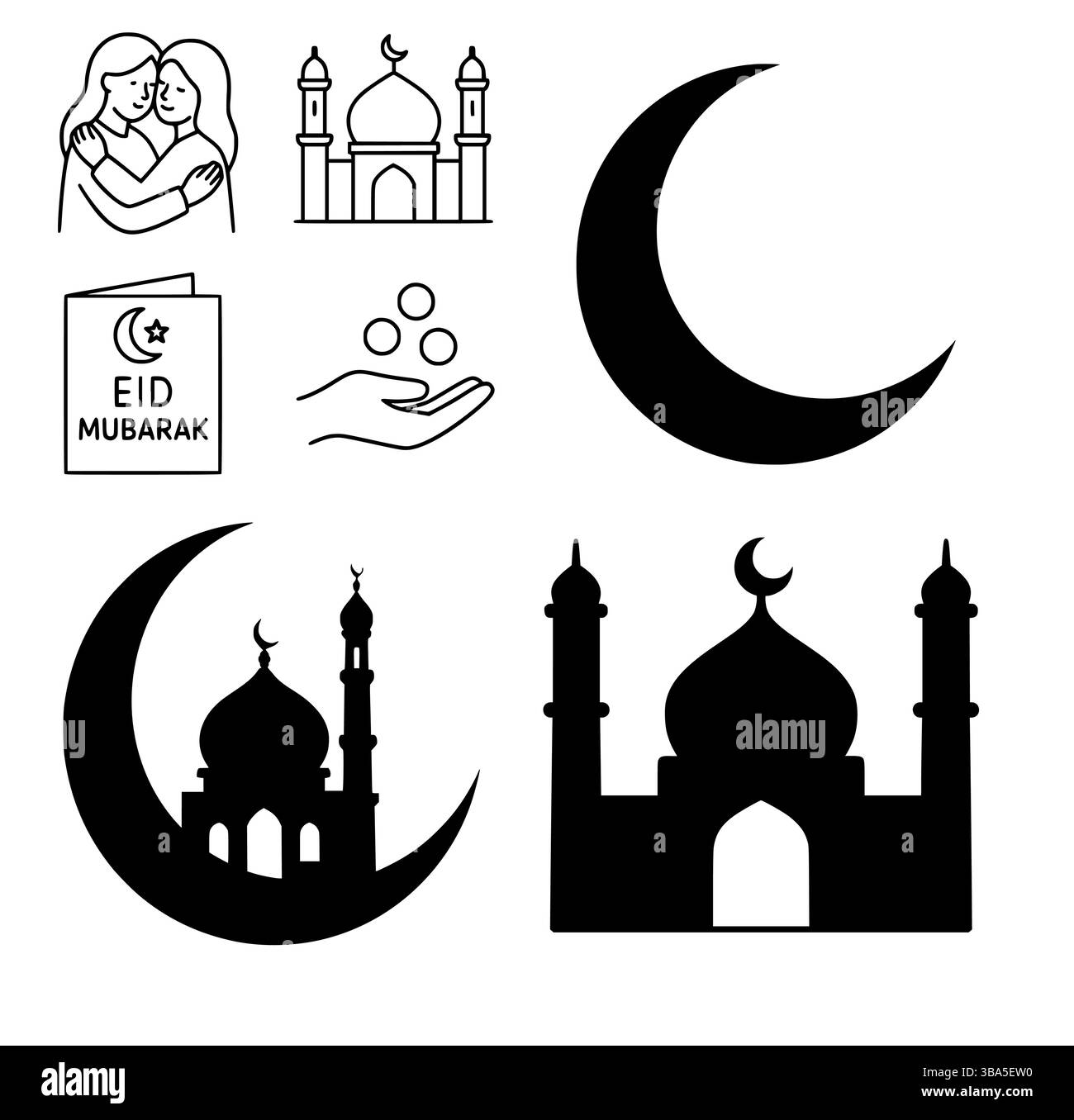 Icone islamiche EID Mubarak - Moschea, Luna Crescent, Zakat e simboli di celebrazione Illustrazione Vettoriale