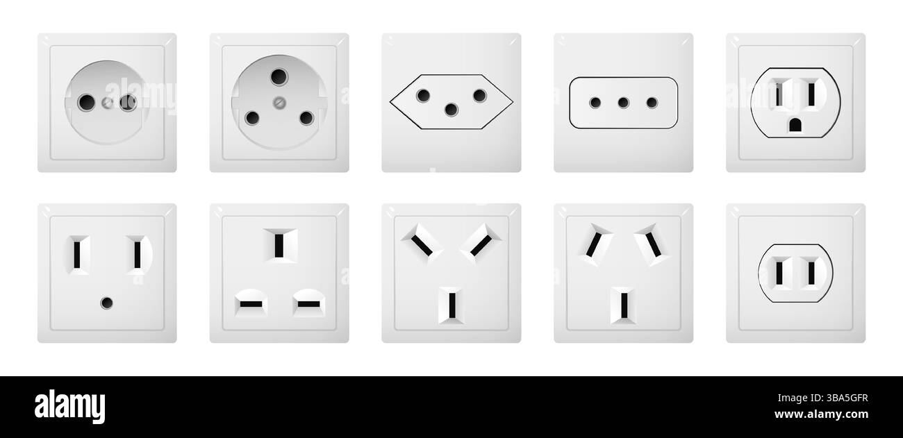 Set di prese elettriche, diversi standard internazionali Illustrazione Vettoriale
