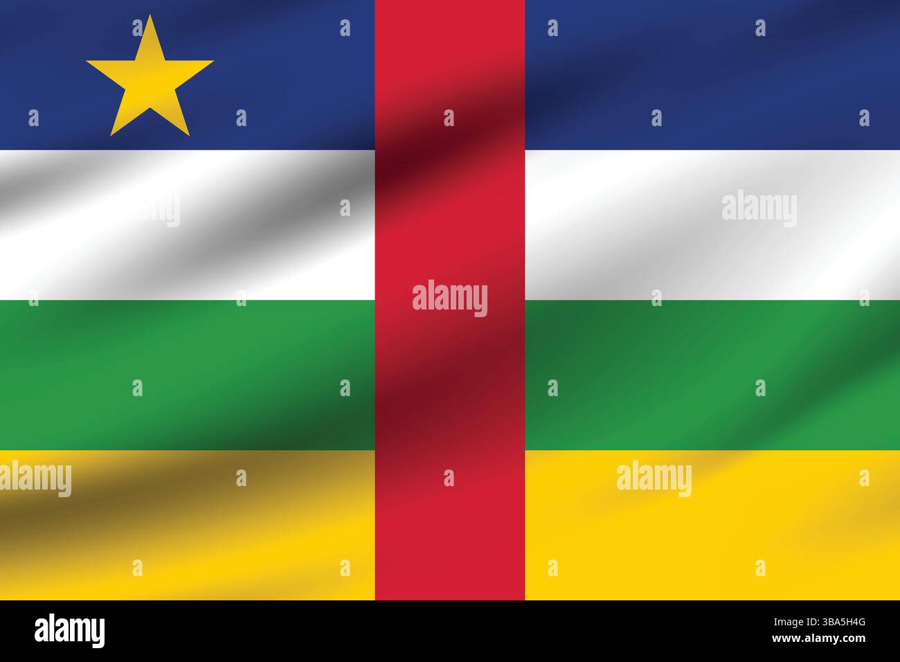 Bandiera della Repubblica Centrafricana. Illustrazione vettoriale digitale con proporzioni e colori ufficiali della bandiera della Repubblica Centrafricana. Bandiera ondulata. Illustrazione Vettoriale