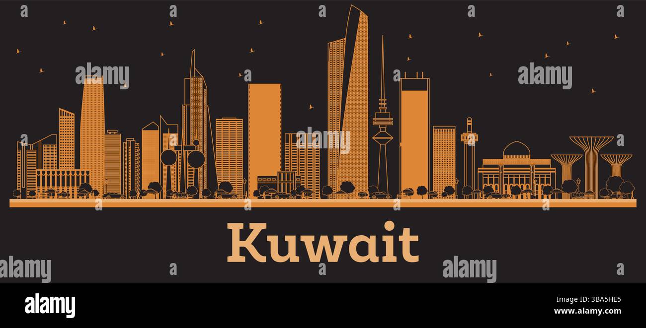 Delinea lo skyline di Kuwait City con gli edifici arancioni. Illustrazione vettoriale. Viaggi d'affari e concetto con architettura moderna. Paesaggio urbano del Kuwait. Illustrazione Vettoriale