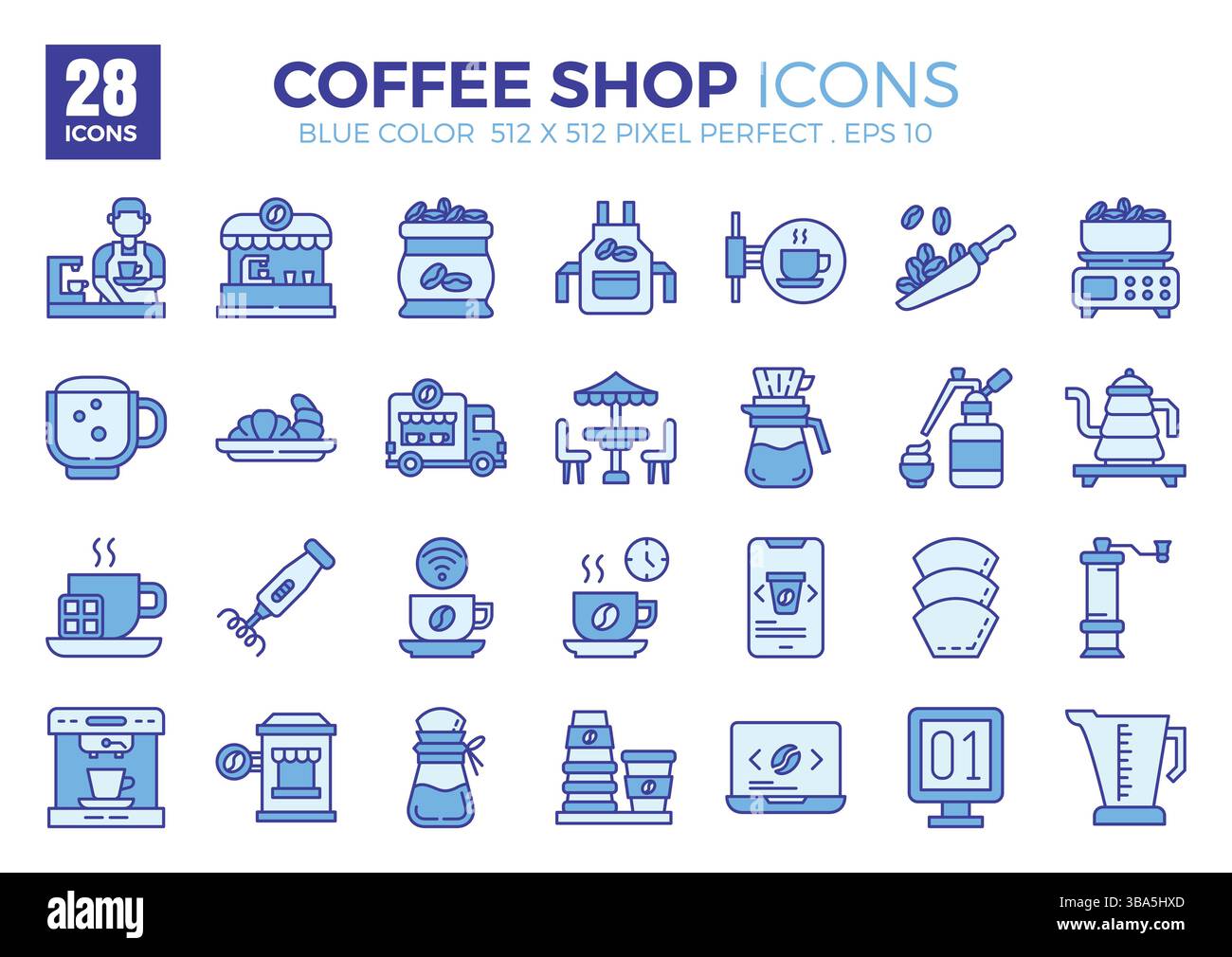 Set di icone di contorno blu Coffee Shop. La collezione comprende icone di vari aspetti legati alle caffetterie, che vanno dal business allo sviluppo Illustrazione Vettoriale