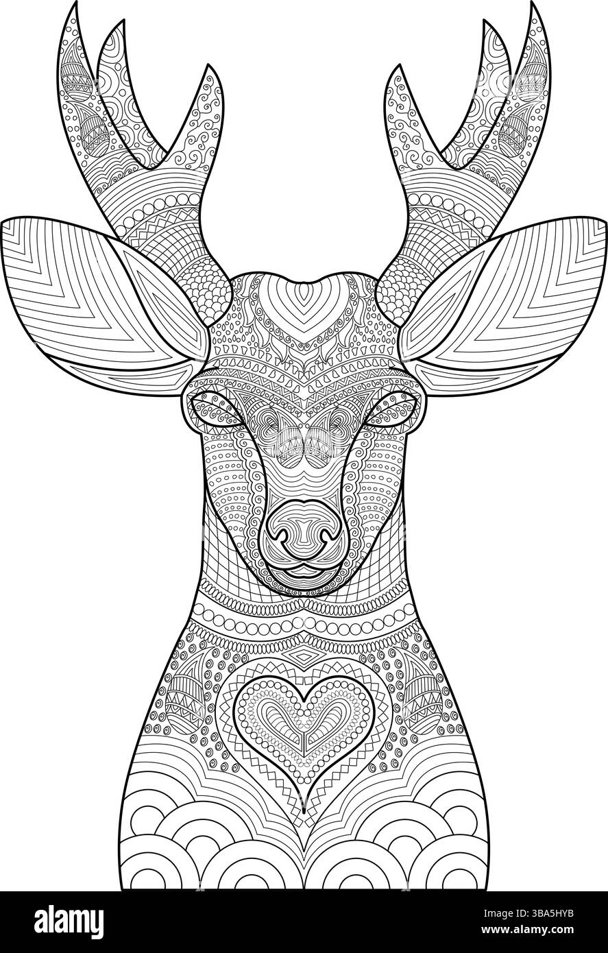 Illustrazione line art estremamente dettagliata della testa di cervo e della parte superiore del corpo, realizzata in stile Zentangle o mandala. Il design presenta caratteristiche complesse Illustrazione Vettoriale