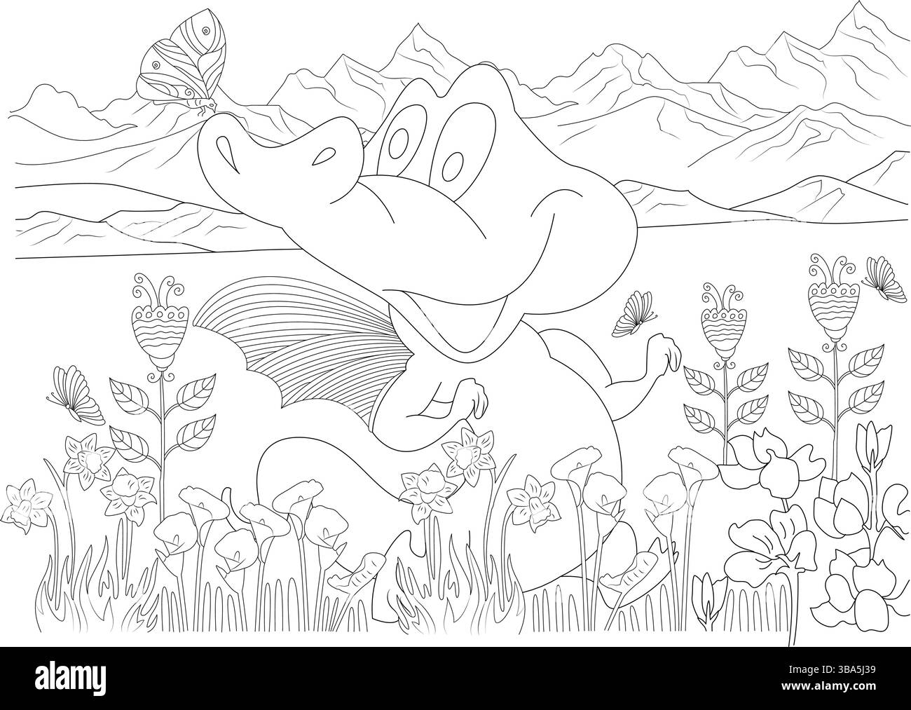 Disegni in linea in bianco e nero raffiguranti un simpatico drago cartoni animati seduto felicemente in un campo di fiori, circondato da farfalle, con le montagne i. Illustrazione Vettoriale