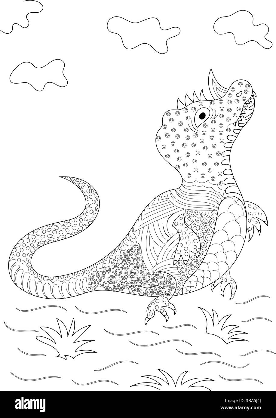 Illustrazione in bianco e nero di un simpatico drago o dinosauro stilizzato con motivi intricati ed elementi zentangle, adatto per la colorazione Illustrazione Vettoriale
