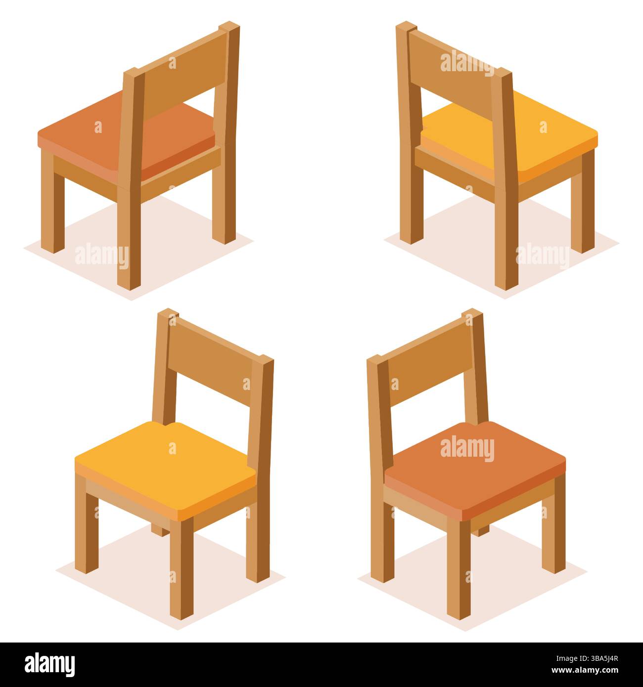 Set di quattro sedie isometriche in legno con un morbido cuscino arancione-marrone, mostrate da diverse angolazioni. Concetto di interior design, risorse di gioco. Illustrazione Vettoriale