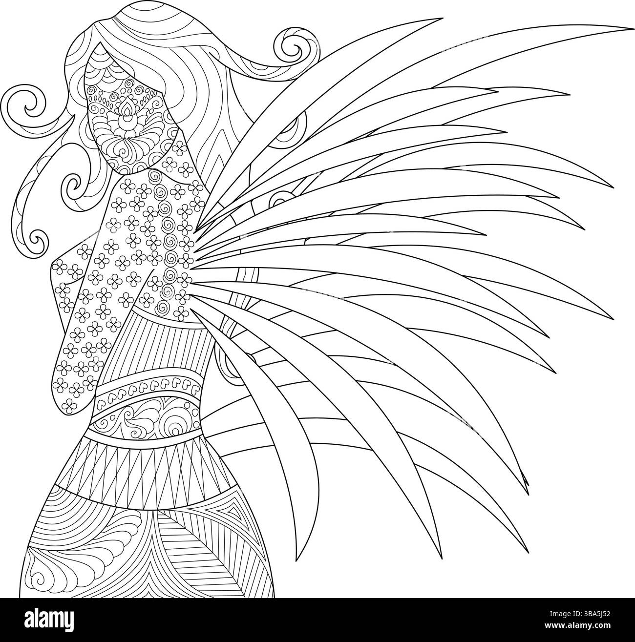 Dettagliata illustrazione in bianco e nero di un angelo con grandi ali decorative e motivi intricati sull'abito e sul corpo, adatta a Colo Illustrazione Vettoriale