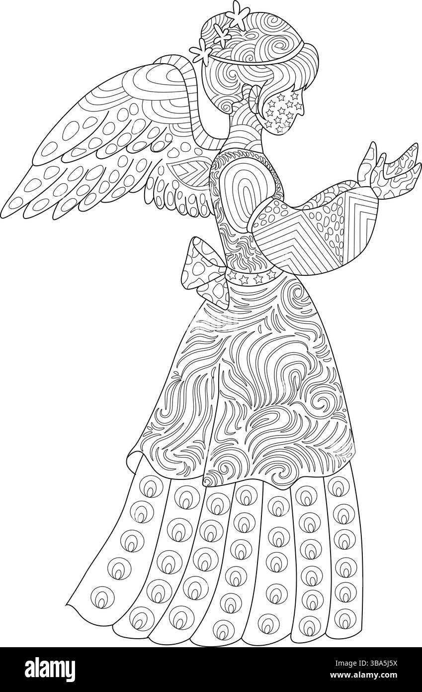 Intricato disegno in linea bianco e nero di un angelo con motivi decorativi, adatto per colorare libri, elementi di design o temi spirituali. Illustrazione Vettoriale