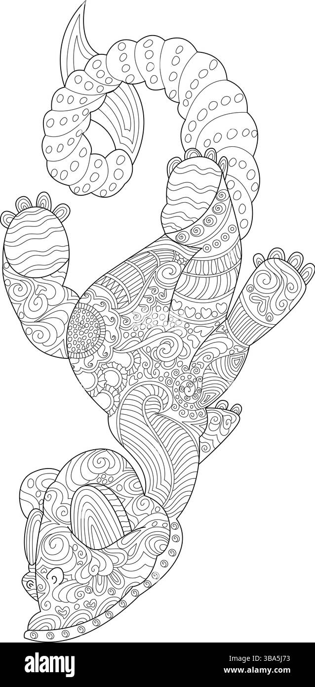 Illustrazioni dettagliate in bianco e nero di un drago stilizzato con motivi intricati e disegni ispirati allo zentangle, perfette per adulti Illustrazione Vettoriale