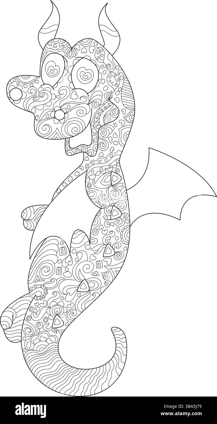 Intricata illustrazione in bianco e nero di un simpatico drago con complessi motivi a zentangle, perfetta per colorare libri per adulti e bambini, Illustrazione Vettoriale