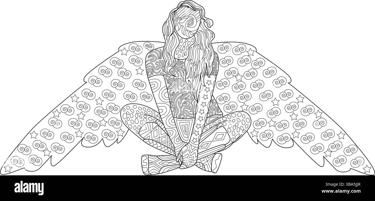 Illustrazione dettagliata a linee bianche e nere di un angelo seduto a gambe incrociate con grandi ali a motivi geometrici. La figura e le ali sono pieni di spirito Illustrazione Vettoriale