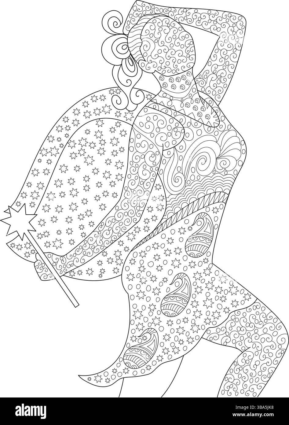 Illustrazione in bianco e nero con una figura eterea stilizzata che ricorda un angelo o un essere magico, che regge una scintillante bacchetta magica. T Illustrazione Vettoriale