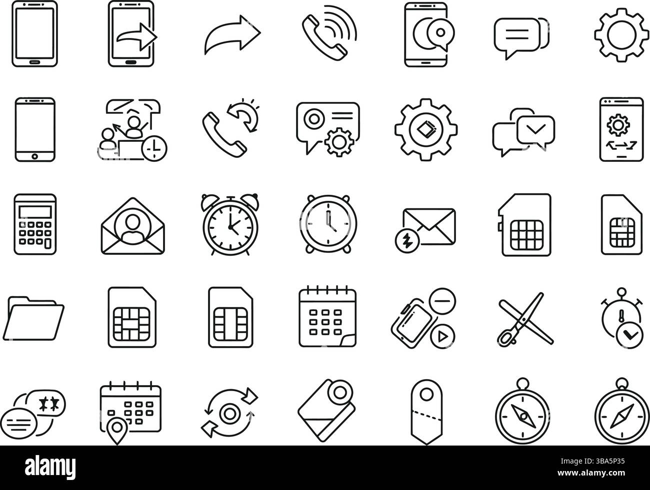 Set di icone smartphone e interfaccia digitale in stile contorno minimalista Illustrazione Vettoriale