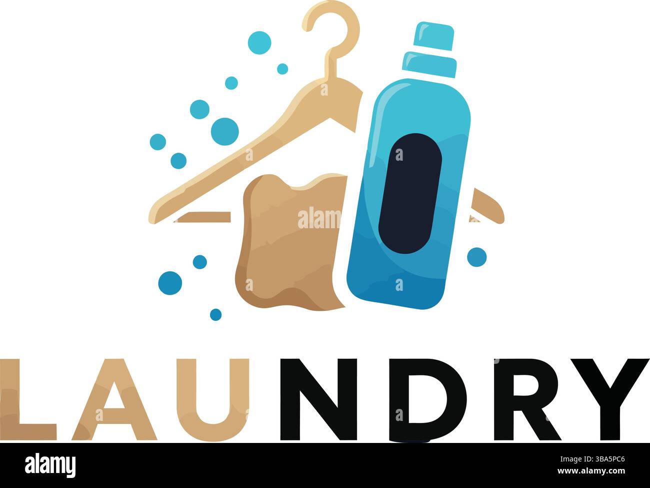 Icona lavanderia con appendiabiti, flacone detergente e bolle Illustrazione Vettoriale