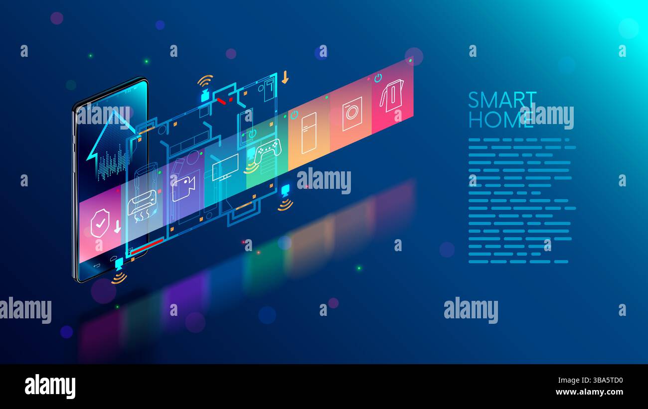 Casa intelligente. INTERNET DELLE COSE. Un telefono con un piano di Smart Home sullo schermo e le icone del dispositivo. Progettazione e sviluppo di un sistema di casa intelligente. Applicazione telefono per Illustrazione Vettoriale