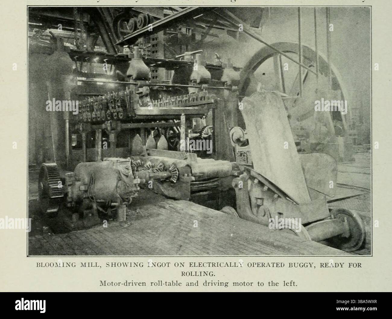 BLOOMING MILL, CON LINGOTTO SU BUGGY AD AZIONAMENTO ELETTRICO, PRONTO PER ESSERE ROTOLATO. Piattaforma mobile motorizzata e motore di azionamento a sinistra. Dall'articolo ELETTRICITÀ NELLA MODERNA FABBRICAZIONE DELL'ACCIAIO. Di John Hays Smith della rivista Engineering dedicata al progresso industriale volume XXIV ottobre 1902 - marzo 1903 The Engineering Magazine Co Foto Stock