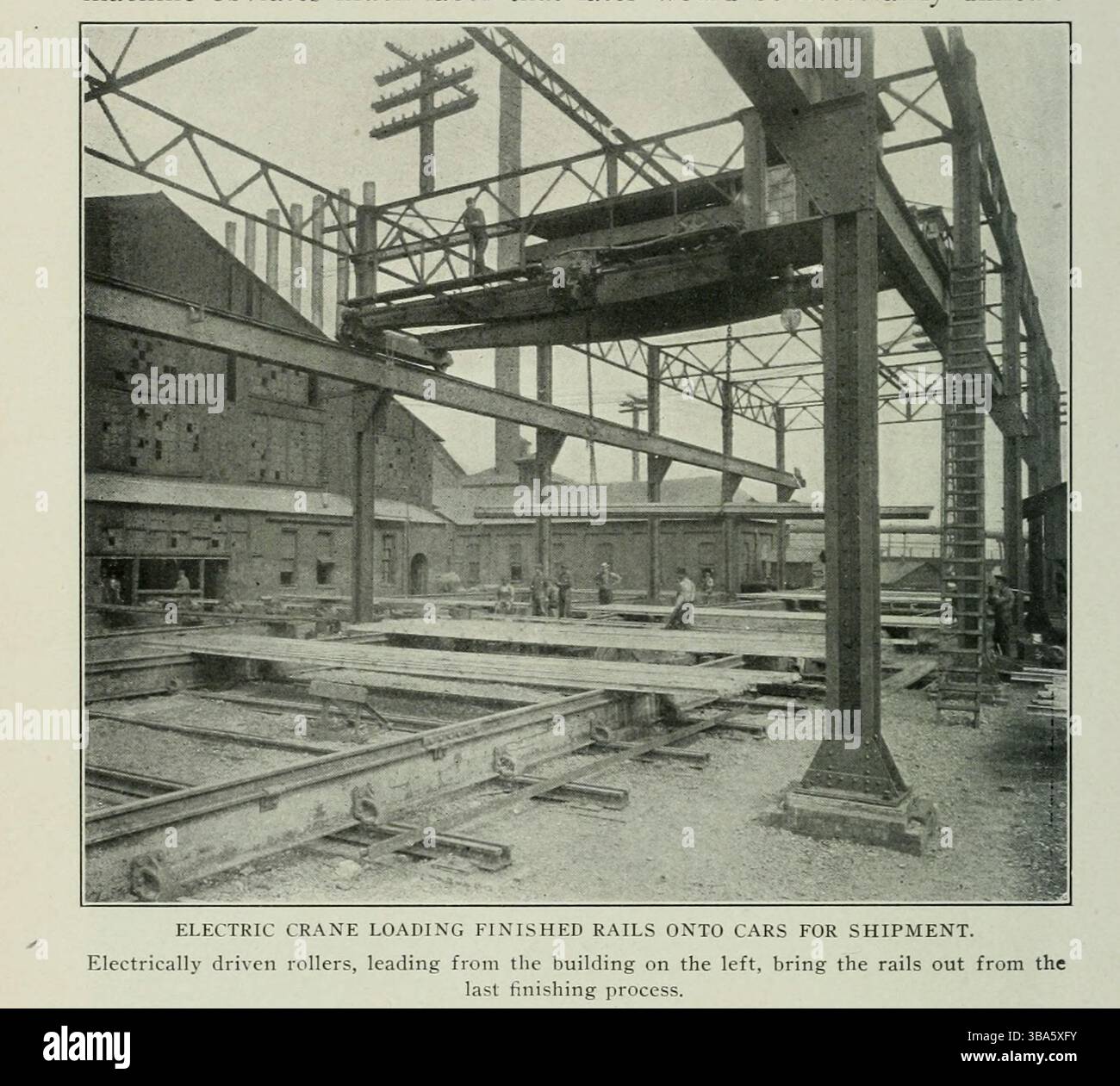 GRU ELETTRICA CHE CARICANO I BINARI FINITI SULLE AUTO PER LA SPEDIZIONE. I rulli ad azionamento elettrico, che scendono dall'edificio sulla sinistra, estraggono le guide dall'ultimo processo di finitura. Dall'articolo ELETTRICITÀ NELLA MODERNA FABBRICAZIONE DELL'ACCIAIO. Di John Hays Smith della rivista Engineering dedicata al progresso industriale volume XXIV ottobre 1902 - marzo 1903 The Engineering Magazine Co Foto Stock
