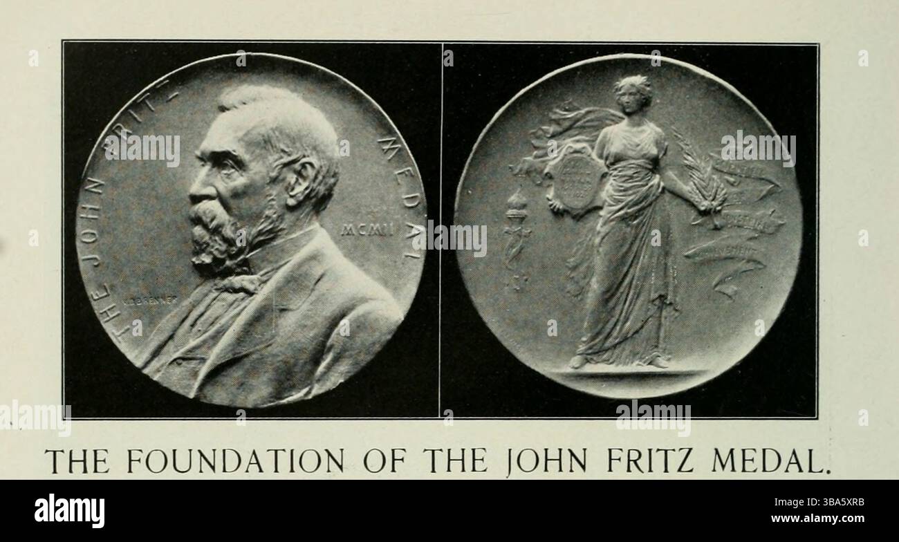 La fondazione della medaglia John Fritz . John F. Fritz (21 agosto 1822 – 13 febbraio 1913) è stato un pioniere statunitense della tecnologia del ferro e dell'acciaio, definito il "padre dell'industria siderurgica degli Stati Uniti". Per celebrare il suo 80° compleanno, nel 1902 fu istituita la John Fritz Medal, con Fritz stesso come primo vincitore. Foto Stock