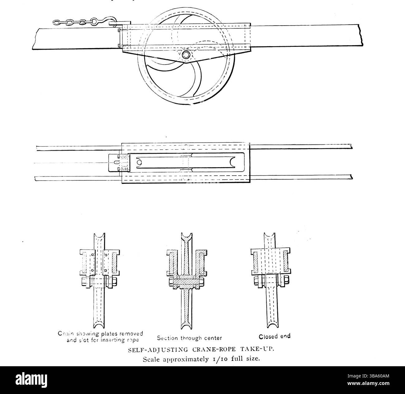 TENDITORE A FUNE-GRU AUTOREGOLANTE. Dall'articolo "FOUNDRY MANAGEMENT IN THE NEW CENTURY". Di Robert Buchanan. PARTE II: ASSISTENZA CON GRU PER IL PAVIMENTO DELLA FONDERIA. Dalla rivista Engineering dedicata al progresso industriale volume XXIV ottobre 1902 - marzo 1903 The Engineering Magazine Co Foto Stock