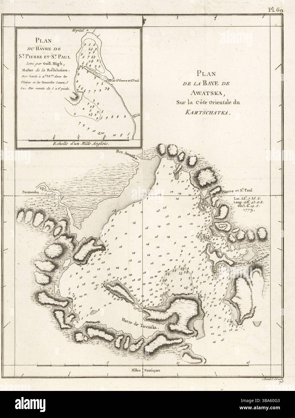 Mappa di Avacha Bay, penisola di Kamchatka. Mappa a incasso del porto di Petropavlosk (San Pietro e San Paolo). Plan de la Baye de Awatska sur la cote orientale du Kamtschatka. Plan du Havre de St. Pierre et St. Paul. Incisione Copperplate diretta da Robert Benard dopo un'illustrazione di John Webber dalla traduzione francese del terzo viaggio del capitano James Cook, Troisieme Voyage de Capitaine Cook, Hotel de Thou, Parigi, 1785. Foto Stock