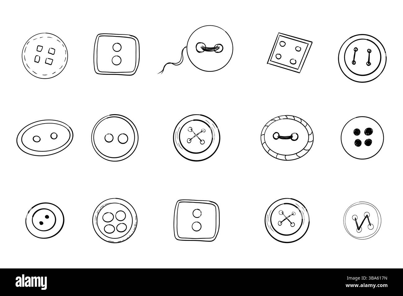 Set di elementi per cucire a bottone disegnati a mano. Collezione di bottoni in tessuto vintage in plastica. Vari accessori per cucire su misura. Illustrazione vettoriale Illustrazione Vettoriale
