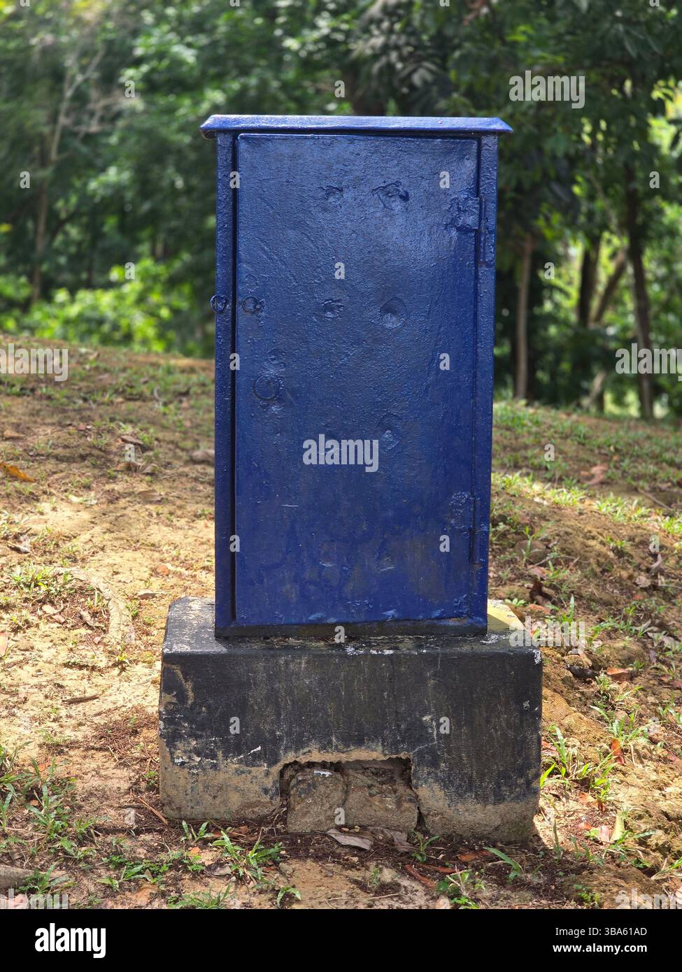 In piedi solitari una cassetta blu scuro mostra segni di età su uno sfondo di alberi e fogliame - Immagine stock catturata con smartphone