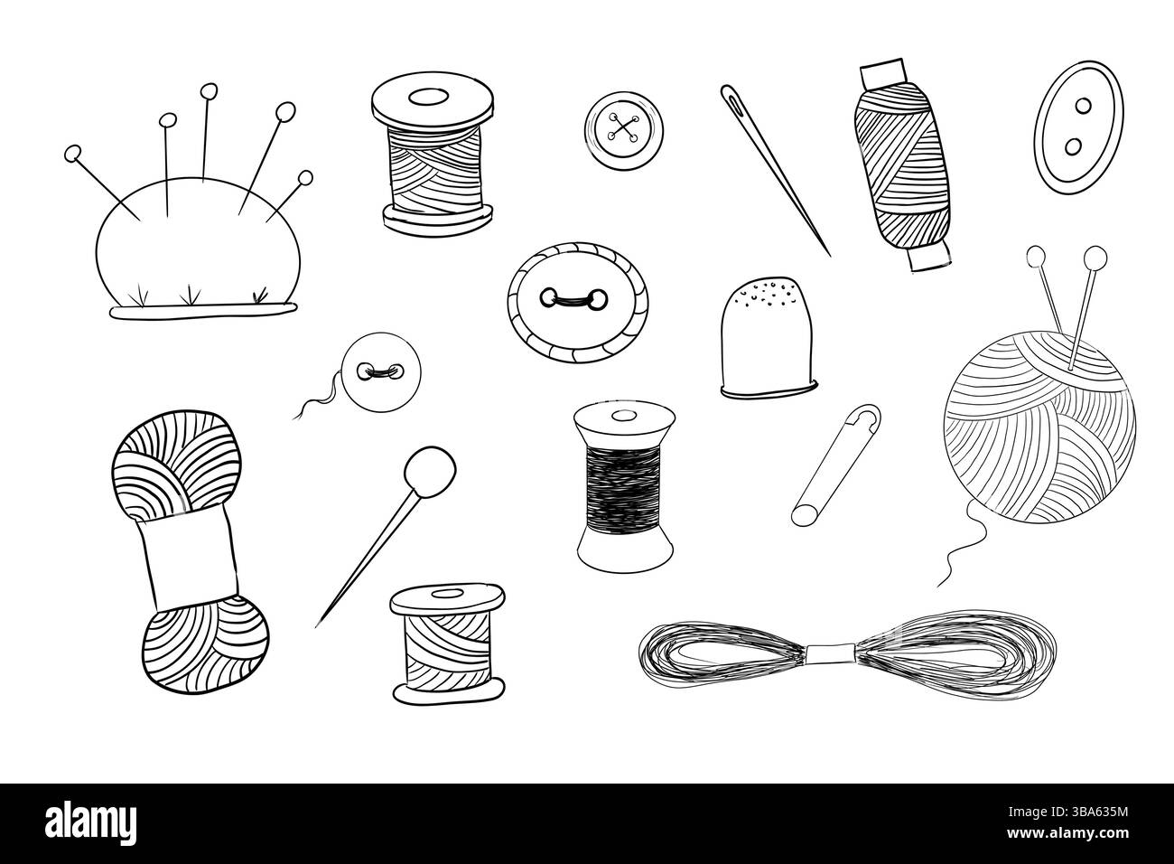 Set da cucire con filetto, spaghetti ad ago disegnati a mano. Collezione di ricami artigianali. Kit sartoriale vintage. Accessori per cucire. Illustrazione vettoriale Illustrazione Vettoriale