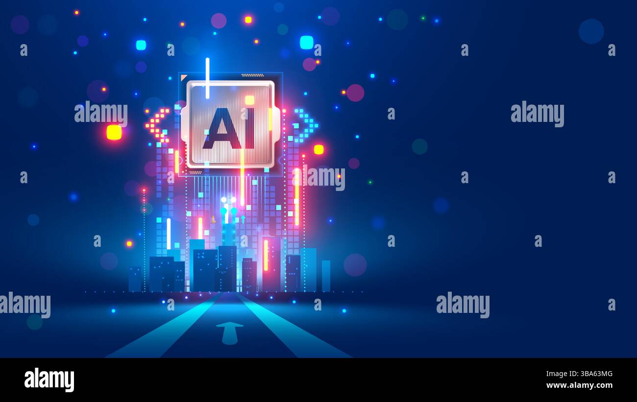 Processore con integrazione ai. Lettere AI su chip. CPU collegata all'archiviazione dati. Tecnologia di intelligenza artificiale in chip elettronico. Elaborazione dei dati Illustrazione Vettoriale