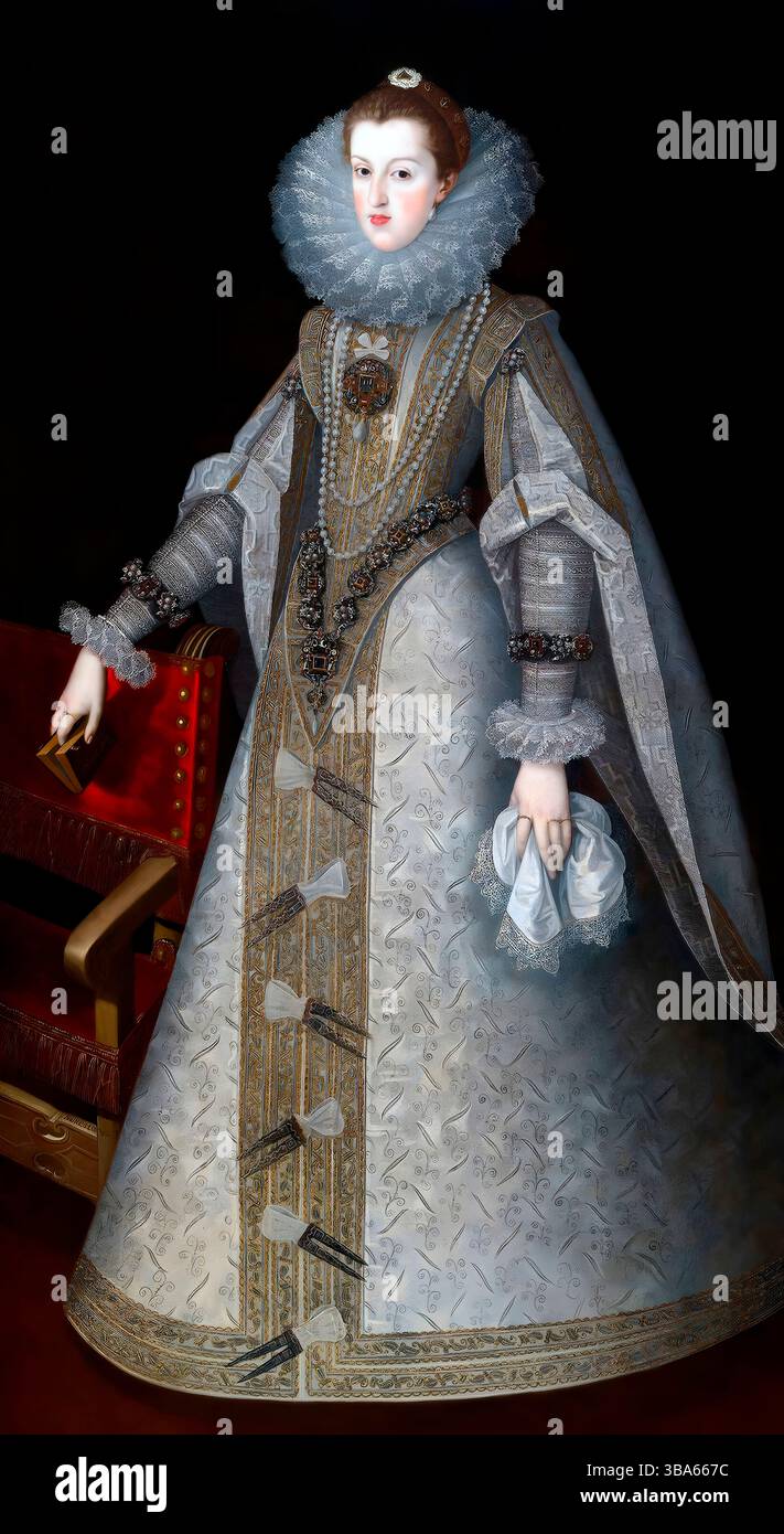 Ritratto barocco formale della regina Margherita di Spagna di Andrés López Polanco. Pittura reale spagnola del XVII secolo in alta risoluzione, dominio pubblico imag Foto Stock