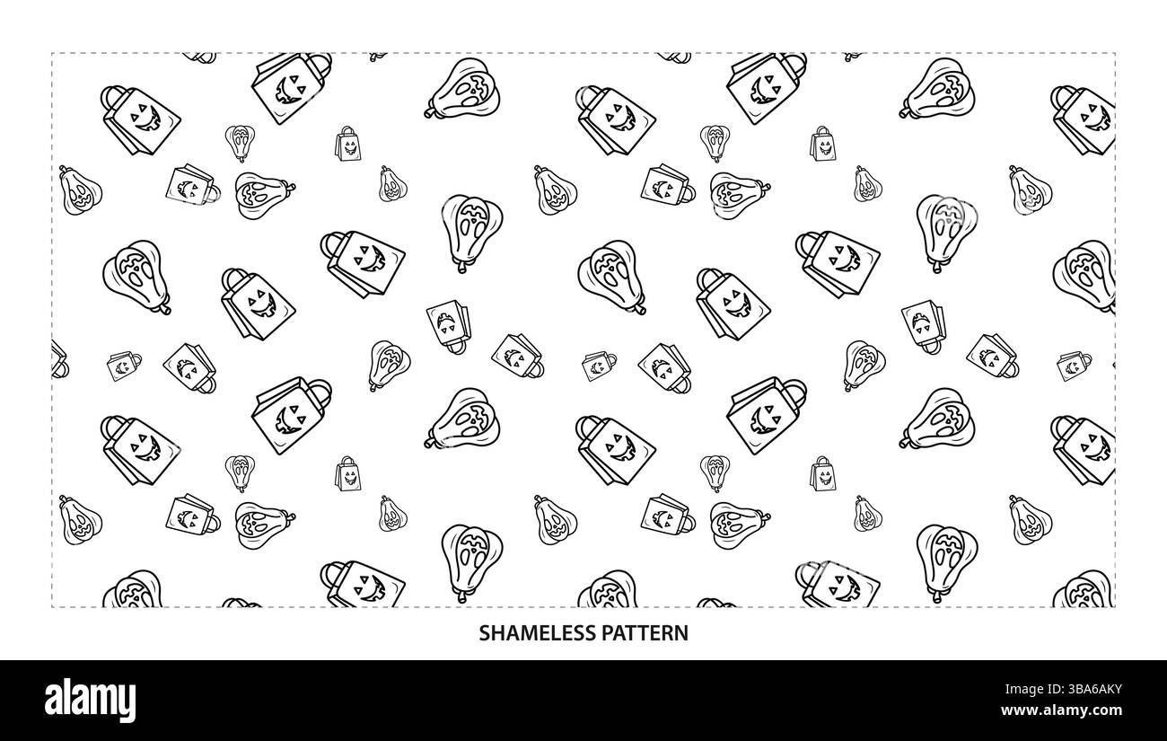 Semplice motivo senza cuciture per zucca di Halloween e shopping bag con contorno nero Illustrazione Vettoriale