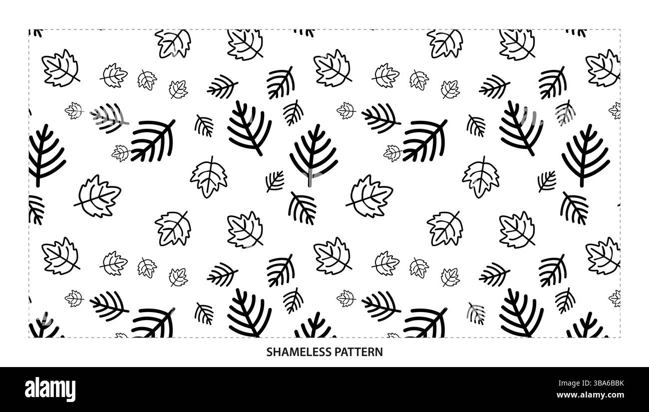 Contorno nero semplice motivo assortito con foglie senza cuciture per un design elegante Illustrazione Vettoriale