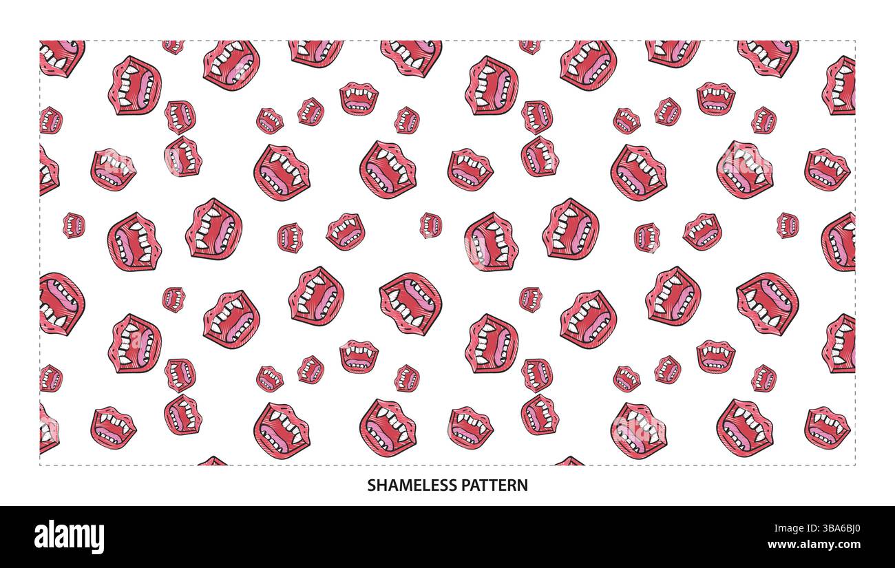 Divertente Cartoon Vampire Mouth with Fangs Seamless Pattern per Halloween Illustrazione Vettoriale