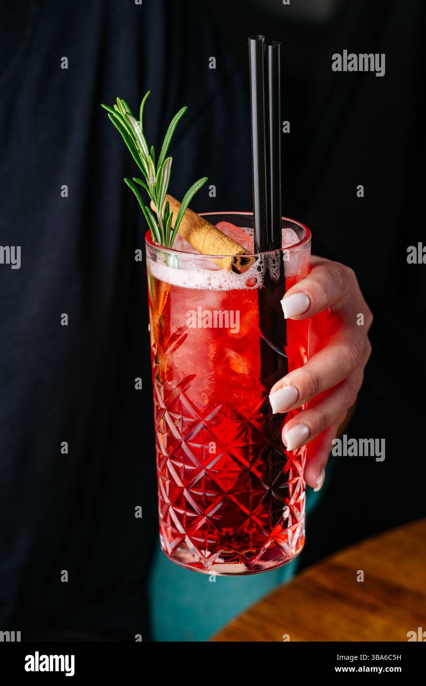 cocktail analcolico con ghiaccio e rosmarino Foto Stock