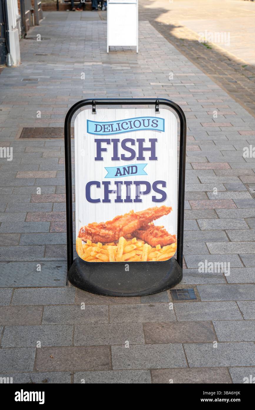 Firma la pubblicità di fish and chips Foto Stock