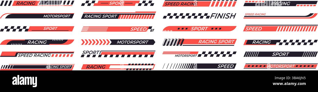Strisce da corsa. Adesivi sportivi per barche da moto autocarri. Diversi elementi in vinile per il design del veicolo. Strisce informative per gare, vettore di corse Illustrazione Vettoriale Strisce da corsa. Adesivi sportivi per barche da moto autocarri. Diversi elementi in vinile per il design del veicolo. Strisce informative per gare, vettore di corse Illustrazione Vettoriale