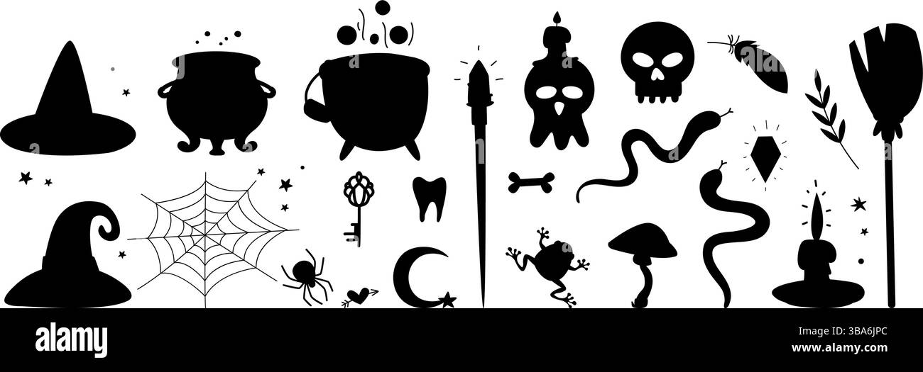 Mago articoli silhouette nere. Calderoni gorgoglianti, scopa, cappelli da streghe, teschi e candele. Serpenti e ragno, ragnatela, funghi e rana, isolati Illustrazione Vettoriale