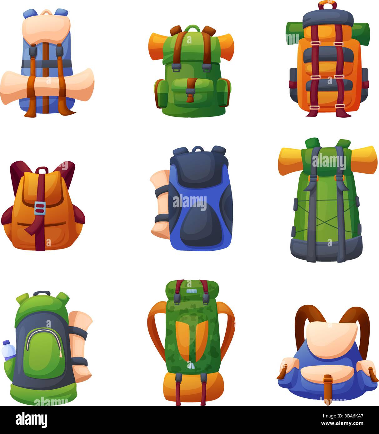 Zaini da campeggio cartoni animati. Borse per escursionisti all'aperto, zaini turistici o zaini con rotoli di tappetini. Accessori per avventure naturalistiche, da neve Illustrazione Vettoriale