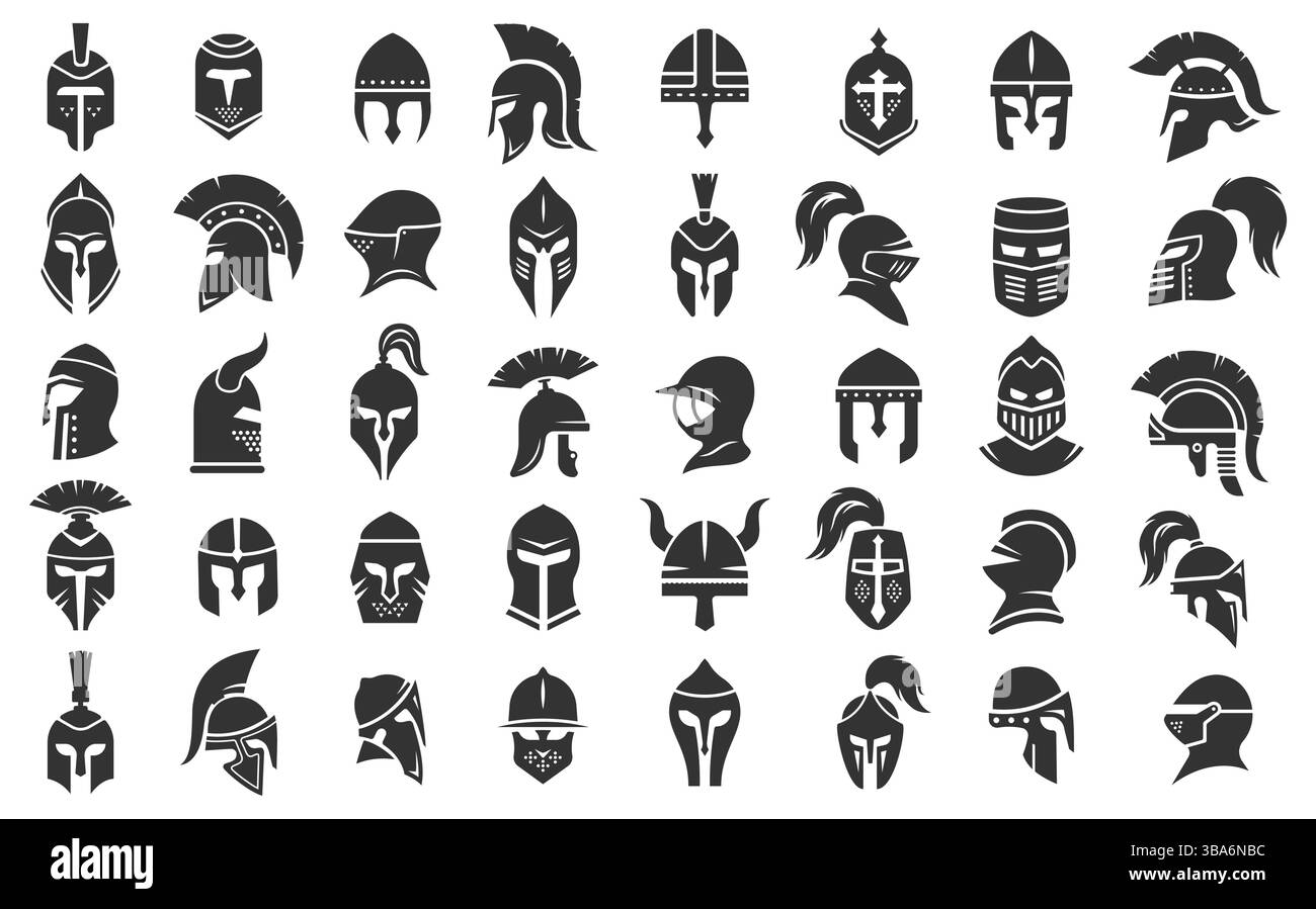 Silhouette di caschi da guerriero di epoche storiche diverse. Set vettoriale di caschi stilizzati che rappresentano guerrieri storici come spartani e cavalieri Illustrazione Vettoriale