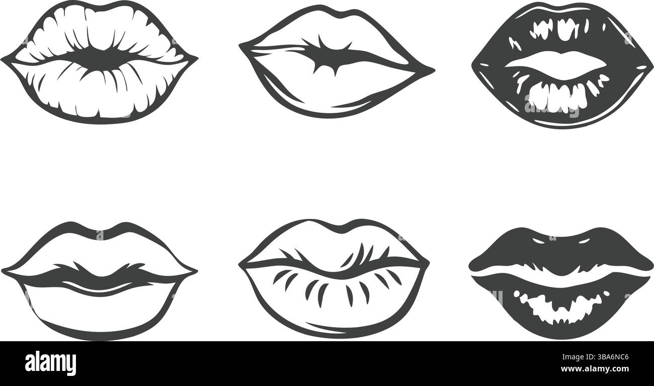 Una collezione creativa di sei silhouette a bocca espressive, ciascuna caratterizzata da forme uniche e dalla visibilità dei denti. Questi audaci cartoni animati in bianco e nero Illustrazione Vettoriale