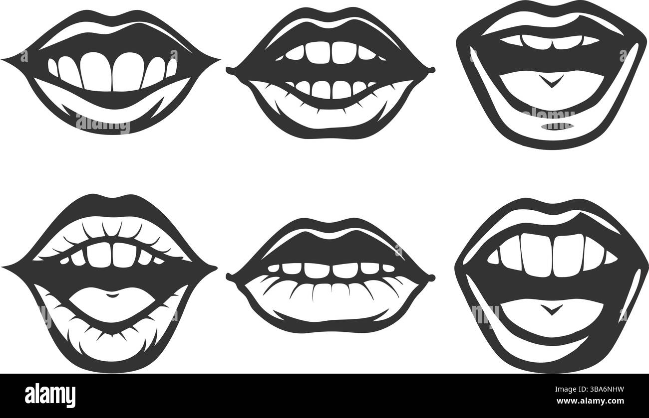 Una collezione creativa di sei silhouette a bocca espressive, ciascuna caratterizzata da forme uniche e dalla visibilità dei denti. Questi audaci cartoni animati in bianco e nero Illustrazione Vettoriale