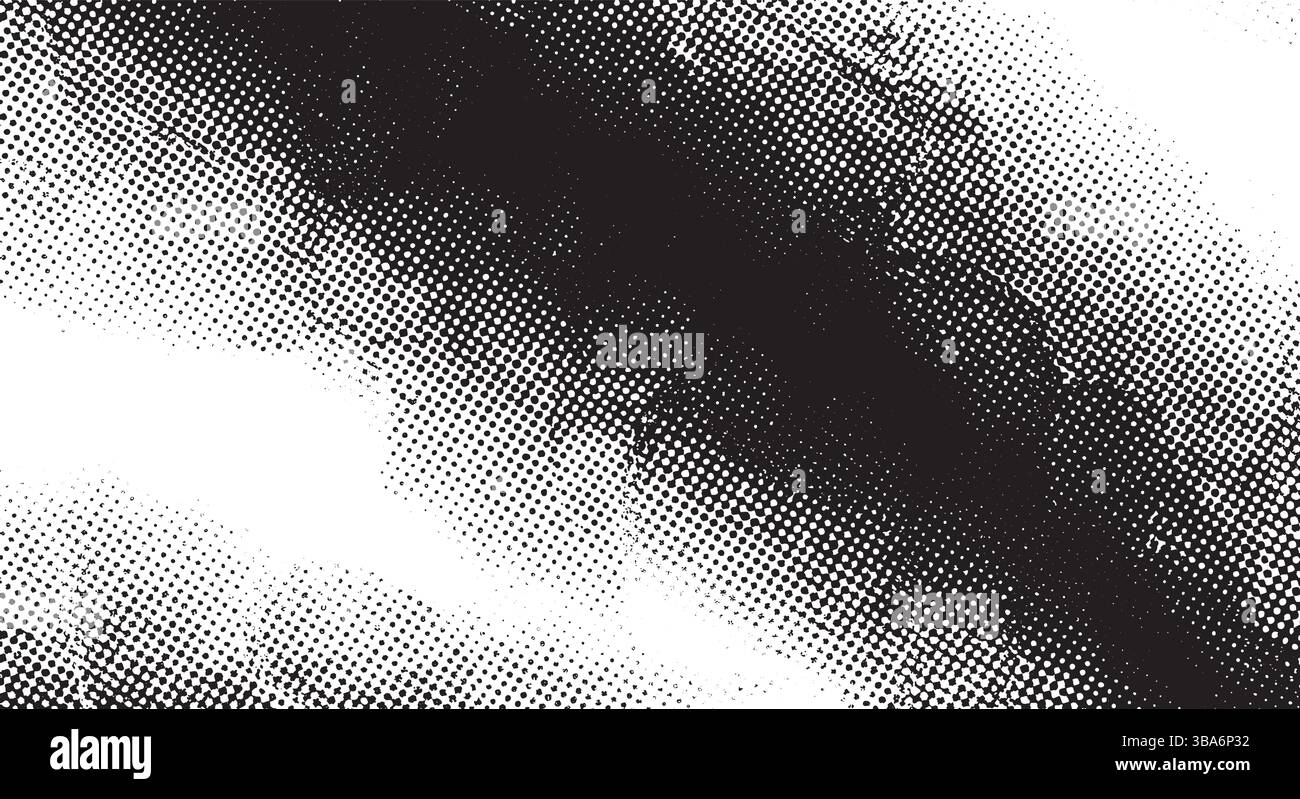 Un motivo a mezzitoni bianco e nero ad alto contrasto con diverse dimensioni dei punti che creano un effetto gradiente dinamico. La texture artistica aggiunge profondità Illustrazione Vettoriale