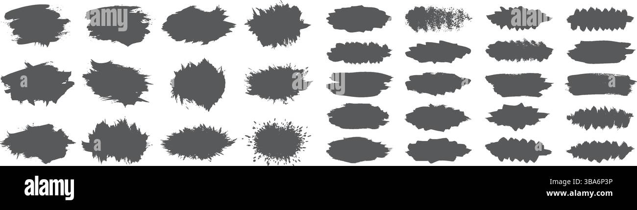 Un set dinamico di silhouette a spruzzo di inchiostro nero con 30 forme astratte uniche, ciascuna con un design ruvido e irregolare Illustrazione Vettoriale