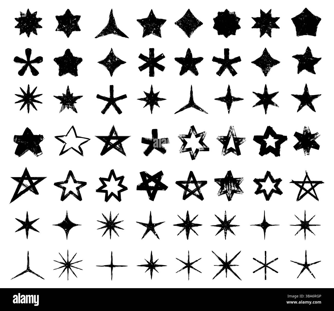 Icone a stella disegnate a mano con texture ruvide e inchiostrate e bordi irregolari. Grandi stelle. Stile grafico retrò vintage e un tocco artistico alternativo Illustrazione Vettoriale