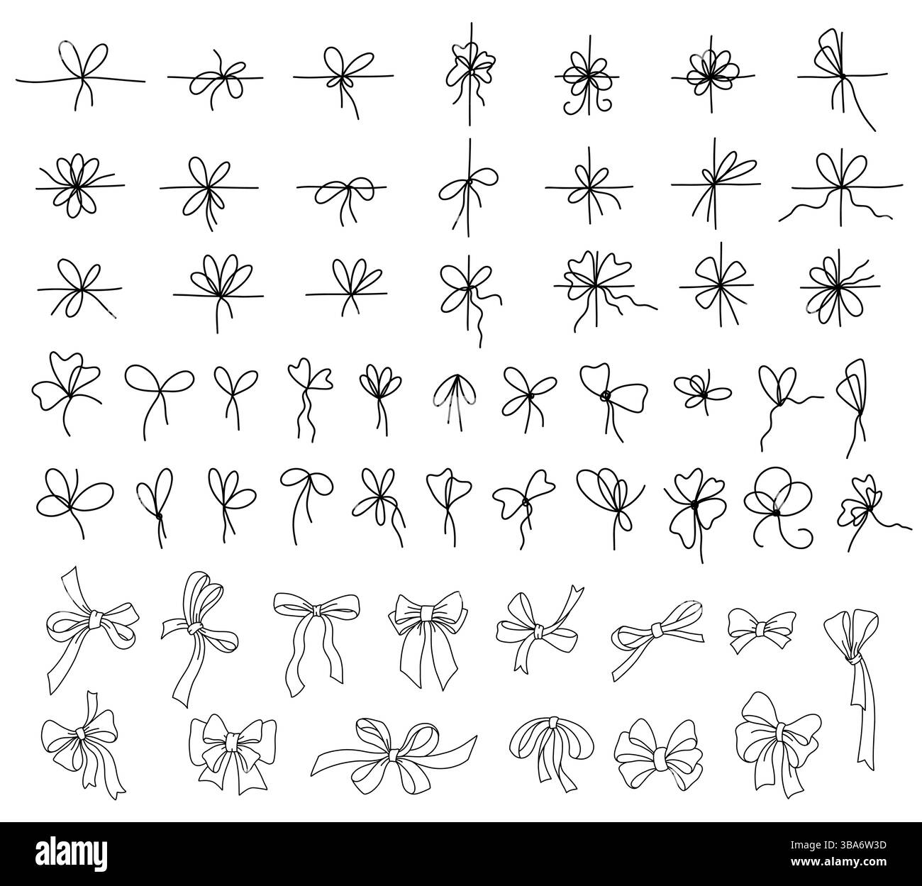 Nastri e archi disegnati a mano in vari stili. Arco e nastro con linea sottile. Per abbinamenti decorativi, rivestimenti per le feste o design in tessuto Illustrazione Vettoriale