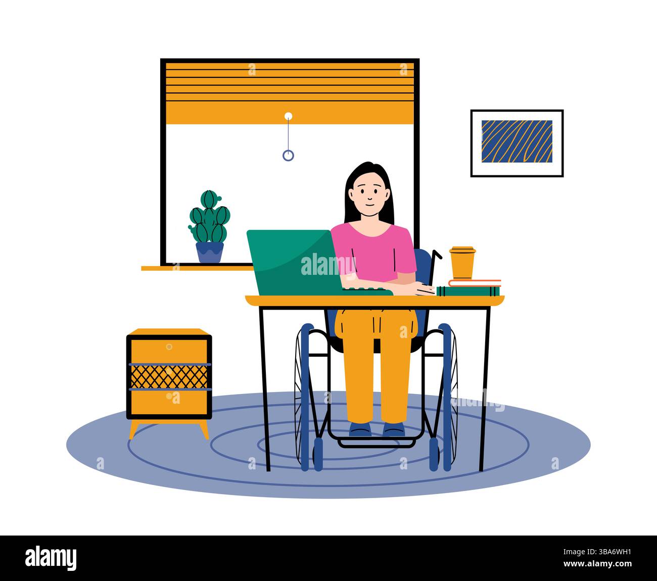 Donna in sedia a rotelle che lavora a casa con un computer portatile. Stile di vita professionale indipendente e moderno. Argomento di empowerment della disabilità dell'accessibilità Illustrazione Vettoriale Donna in sedia a rotelle che lavora a casa con un computer portatile. Stile di vita professionale indipendente e moderno. Argomento di empowerment della disabilità dell'accessibilità Illustrazione Vettoriale