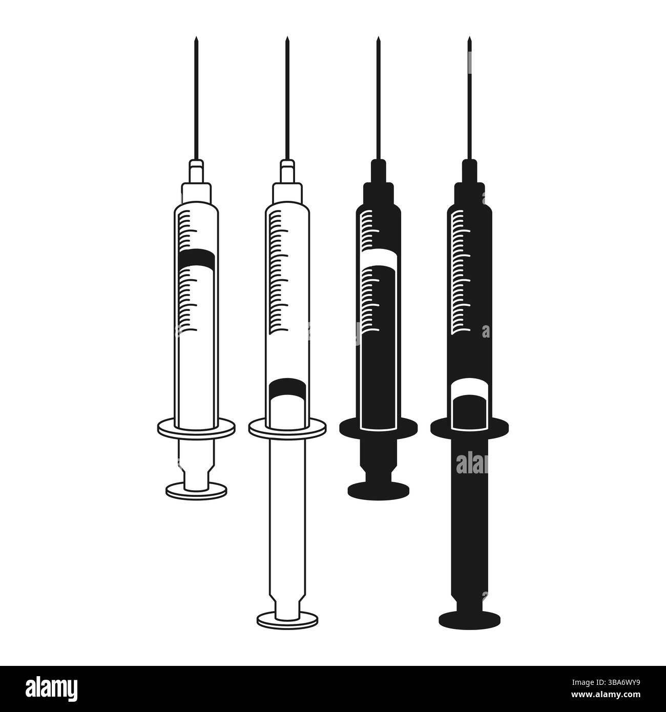 Stile piatto e contorno nero della siringa medica della salute. Icona della siringa medica. Iniezione di vaccino. Illustrazione Vettoriale