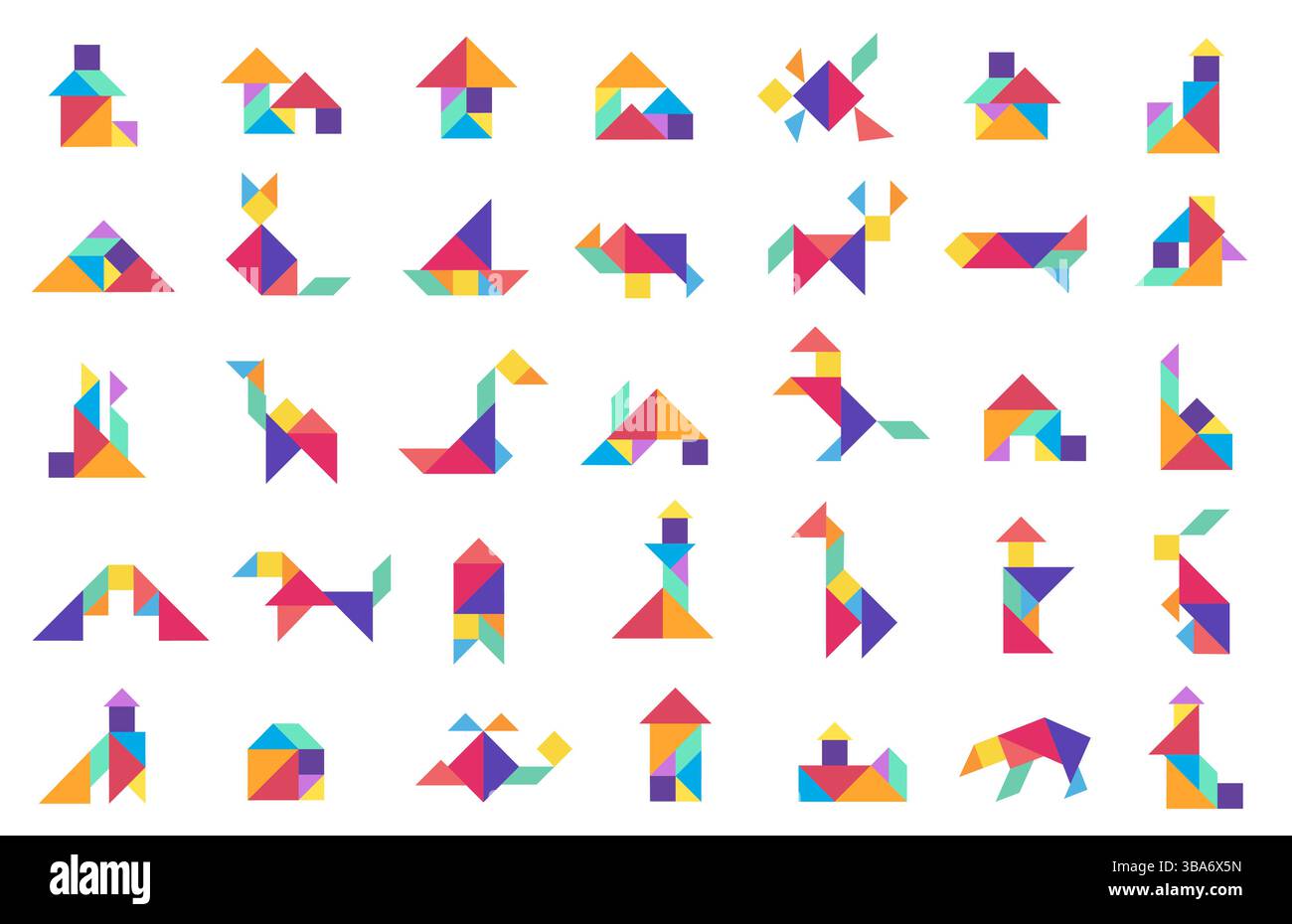 Colorato Tangram forma puzzle collezione di animali, case, oggetti. Concetto di giocattolo educativo, gioco logico del cervello. Scuola materna, sussidio didattico, icona app Illustrazione Vettoriale