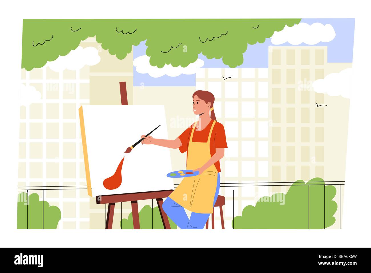 Donna che dipinge su tela con pennello all'aperto sulla terrazza della città. Il momento creativo della pratica dell'arte urbana. Hobby, corso di pittura. Illustrazione vettoriale piatta Illustrazione Vettoriale